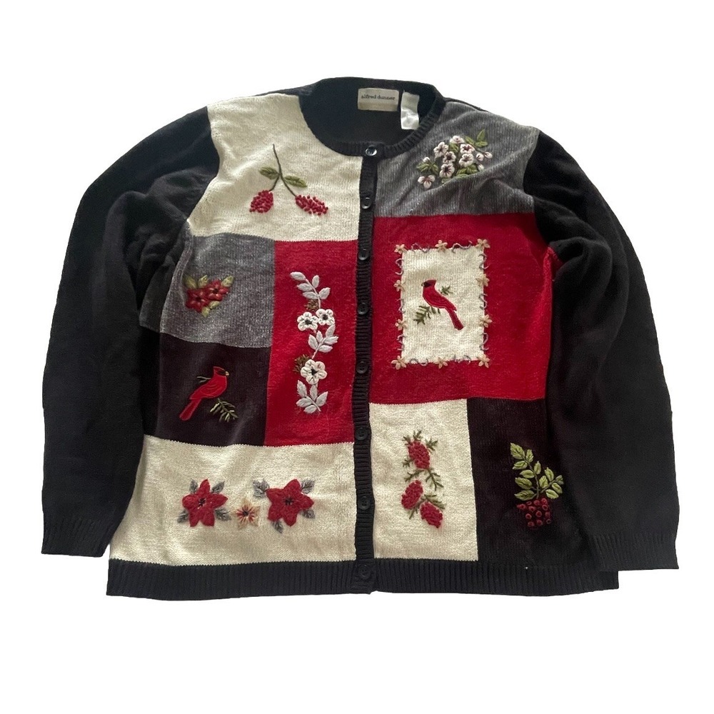 Alfred Dunner Black with Cardinal Bird /Berry Button Up Cardigan  Sweater Sz 1X